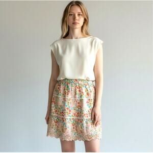 Jennifer & Grace Floral Mini Skirt XL Beige Blue Embroidered Tiered Cotton